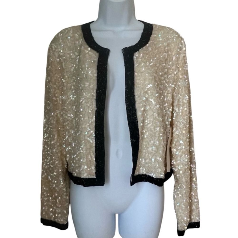 NWT Vintage Scarlet Rage Elegant Cream Black Trim Silk Sequin Evening Jacket S
